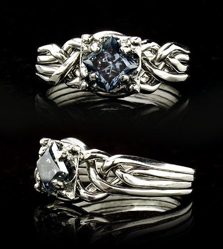 Guinevere puzzle engagement ring with princess-cut blue diamond and a standard weave